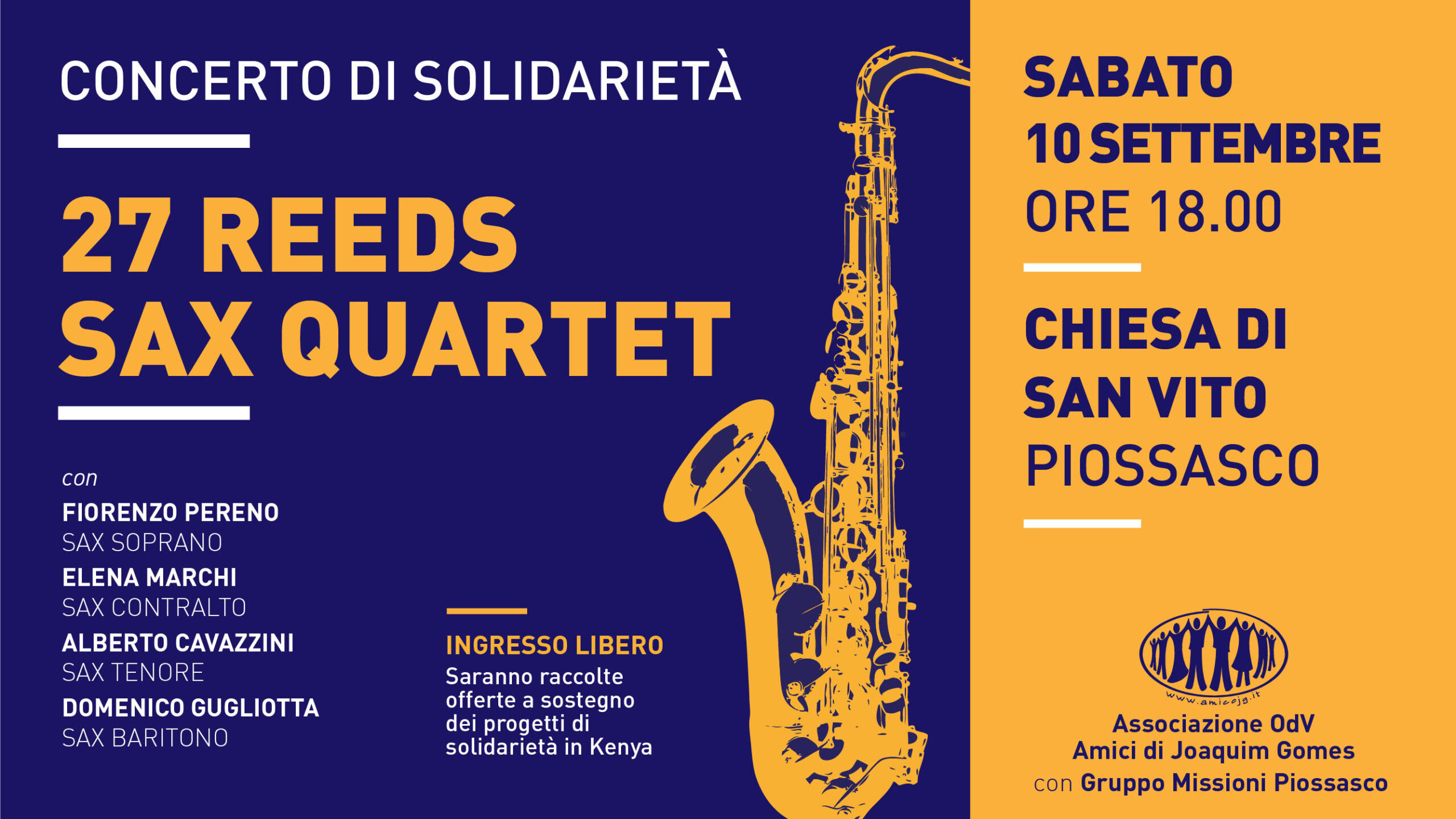 Concerto di solidarietà del quartetto “27 Reeds Sax Quartet” il 10/09/2022